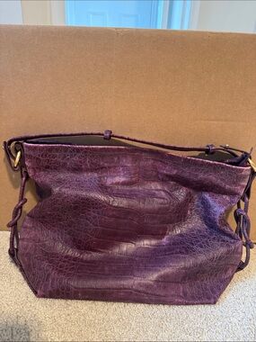 Brahmin Croc-Embossed Leather Shoulder Bag in Deep Plum